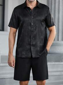 Manfinity Homme 2pcs Men's Shirt Collar Buttoned Short Sleeve Top And Shorts Set - Black - View 5