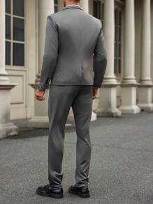Manfinity Bizformal Men's Solid Color Suit Set: Jacket And Pants,Gifts For Boyfriend - Grey - View 2