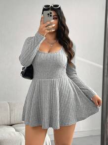 SHEIN EZwear 大码女式灰色方领长袖休闲连体裤，带口袋 - 淺灰色 - 查看 3