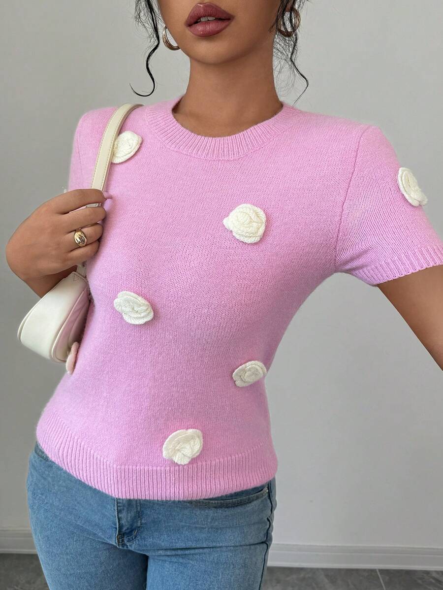 Chiquease Women's Crew Neck Short Sleeve 3D Flower Decor Casual Knitted Top - Violet Purple - View 1