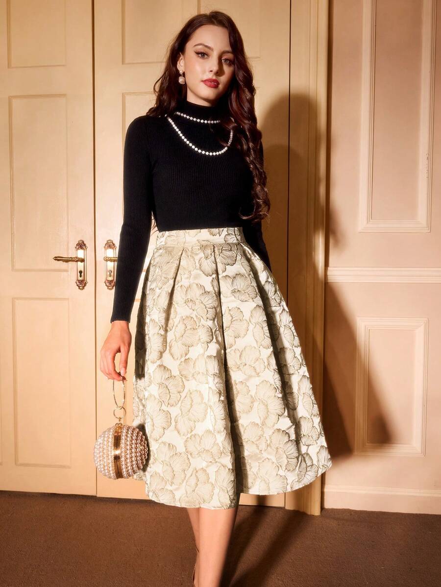 Vintamour Chân váy chữ A thanh lịch kiểu cổ điển dành cho nữ với họa tiết hoa jacquard, hoàn hảo cho mùa xuân và mùa hè, màu xanh dương và vàng, thích hợp cho các lễ hội mùa hè, Ngày của Mẹ, lễ tốt nghiệp, tiệc tùng, buổi hòa nhạc. - Màu be - Xem 1