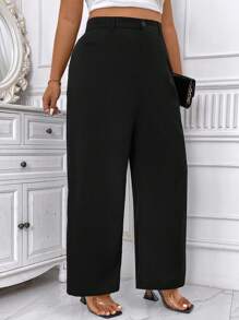 SHEIN Unity 女士加大码高腰口袋阔腿裤，优雅套装 - 黑色 - 查看 4