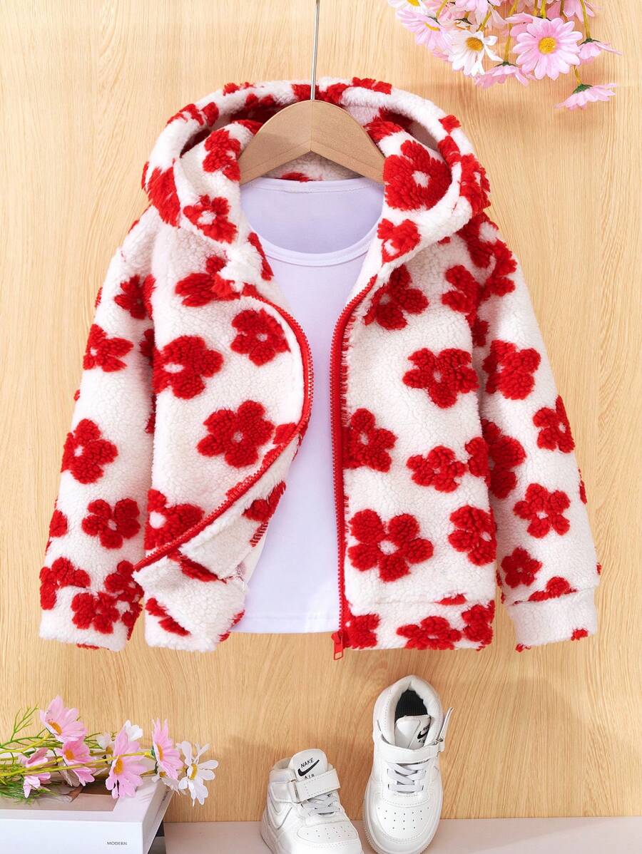 SHEIN 年轻女孩厚款加绒加厚连帽夹克，带花卉贴花，冬季 - 紅色 - 查看 1