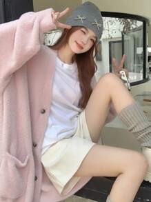 DAZY 女式 V 领长袖超大休闲开衫、七分袖上衣夹克秋冬 - 粉色 - 查看 1