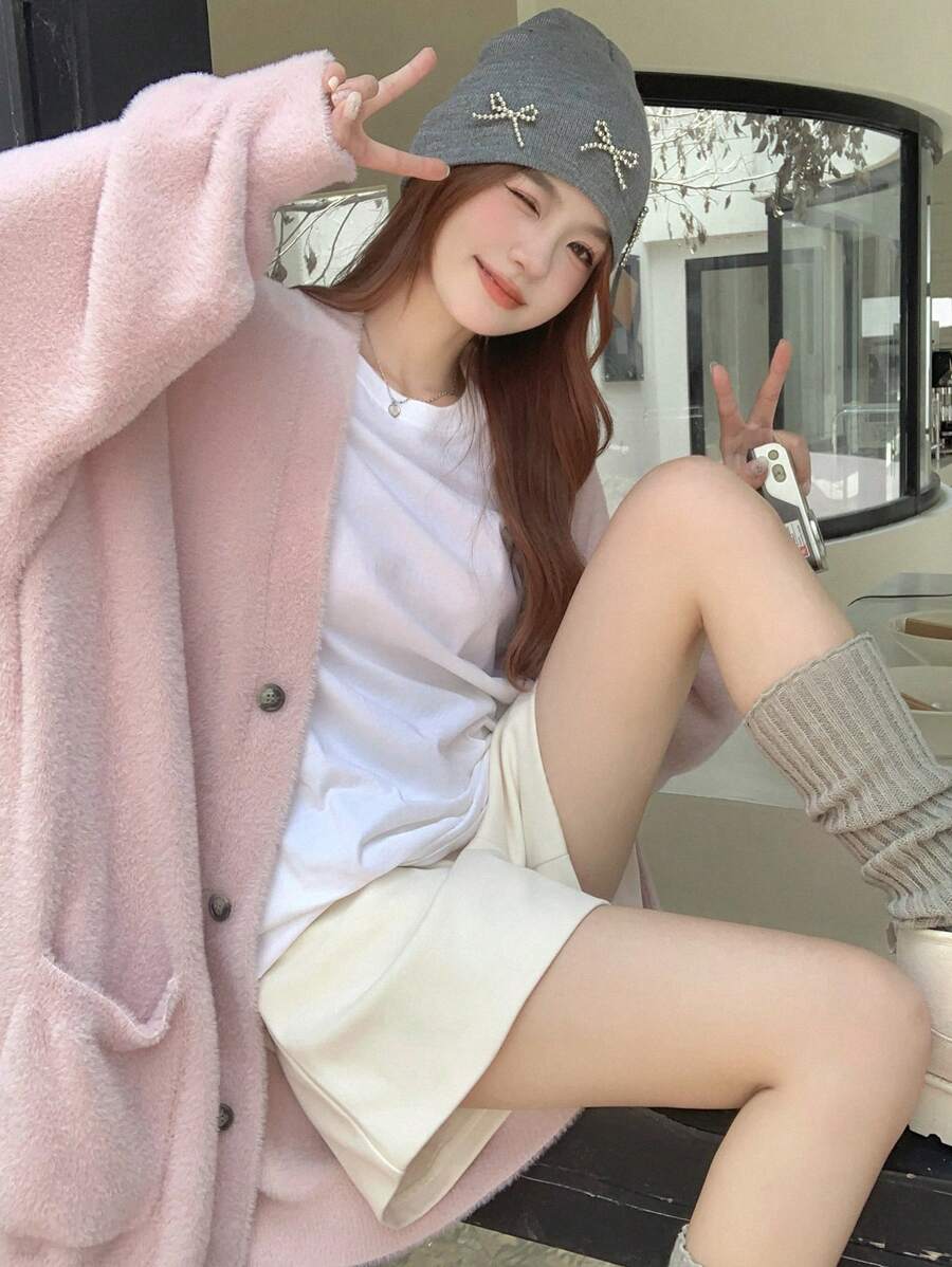 DAZY 女式 V 领长袖超大休闲开衫、七分袖上衣夹克秋冬 - 粉色 - 查看 1