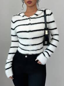 SHEIN Essnce 女式条纹长袖全拉链前连帽开衫，适合秋冬季 - 黑與白 - 查看 4