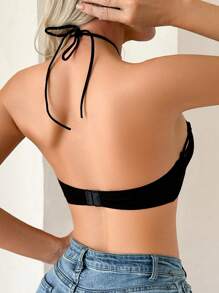 Women Solid Color Hollow Out Backless Halter Bra - Black - View 2