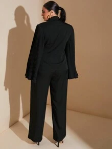 SHEIN BAE Traje de chaqueta y pantalones de pernera ancha elegantes para viajes de negocios, talla grande, con chaqueta negra con solapa, manga acampanada y plisado en la cintura, y pantalones de vestir de dos piezas