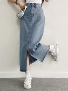 DAZY Women's Long Casual Denim Skirt With Pockets & Side Slit Jeans Skirt