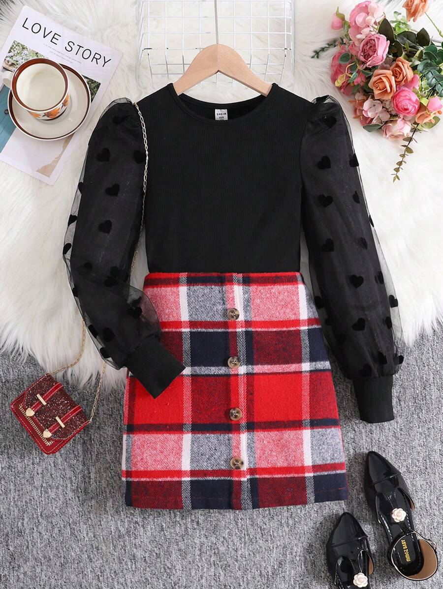 SHEIN Tween Girls Fashion Casual Knitted & Mesh Contrast Crew Neck Top With Plaid Mini Skirt Set