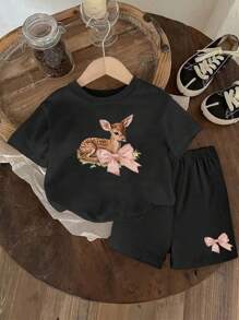 SHEIN 2pcs Baby Girls' Casual Versatile Simple Graphic Print Sports Outfit, Spring & Summer - Black - View 1