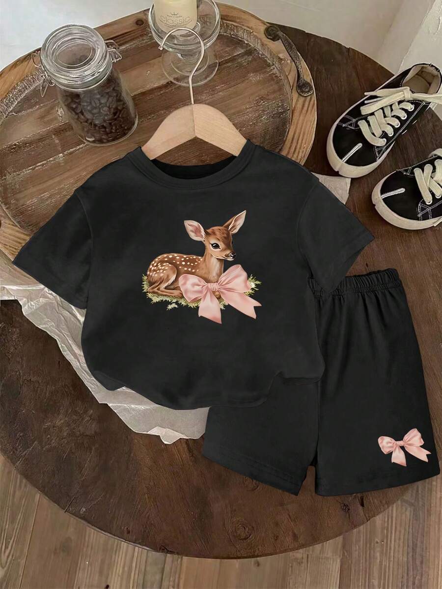 SHEIN 2pcs Baby Girls' Casual Versatile Simple Graphic Print Sports Outfit, Spring & Summer - Black - View 1