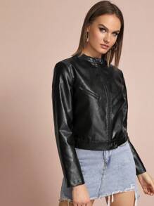 Siren Gaze Buttoned Stand Collar Zip Up Biker Jacket In Fall/Winter Black Casual - Black - View 5