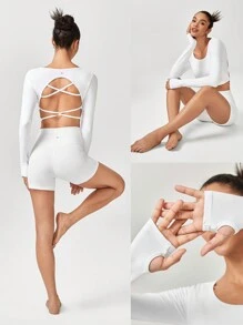 GLOWMODE Seamless Fitted Long Sleeve Crop Tee With Lace-Up Back Light Support Low Impact Yoga Pilates Daily Gym - White - View 8