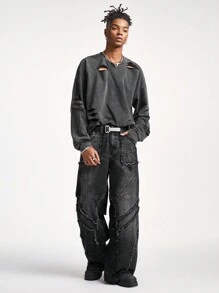 PAVTROS Manfinity Streetrush Men's Black Washed Denim Patchwork Loose Wide-Leg Pants Plain Wide Leg Oversize Jeans, For Husband, Boyfriend Gifts, Grunge - Black - View 7