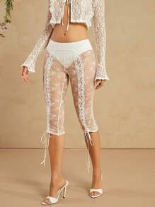SHEIN Haute 时尚白色蕾丝喇叭七分裤，系带细节 - 白色 - 查看 6
