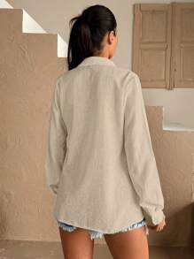 EURMUSE LUNE Flower Embroidered Special Fabric High Quality Linen Look Summer Shirt - Beige - View 2