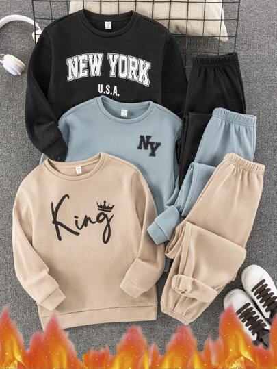 6 件儿童/青少年男孩休闲字母印花套头衫和宽松慢跑裤多件装，3 种款式各 1 种，适合通勤、上学、休闲、旅行、运动、所有季节（秋季、冬季）、颜色（黑色）、材质（羊毛、加厚）