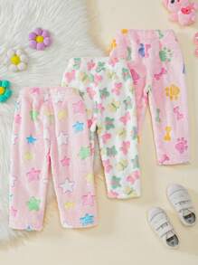 SHEIN 3 件套女婴毛绒爪印、星星、小狗和小猫图案保暖内衬裤，适合居家和户外，秋冬季 - 彩色 - 查看 2