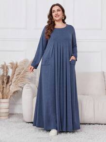 Lacomfia 大码女式休闲超长连衣裙，春秋季长款女装 - 藍色 - 查看 1