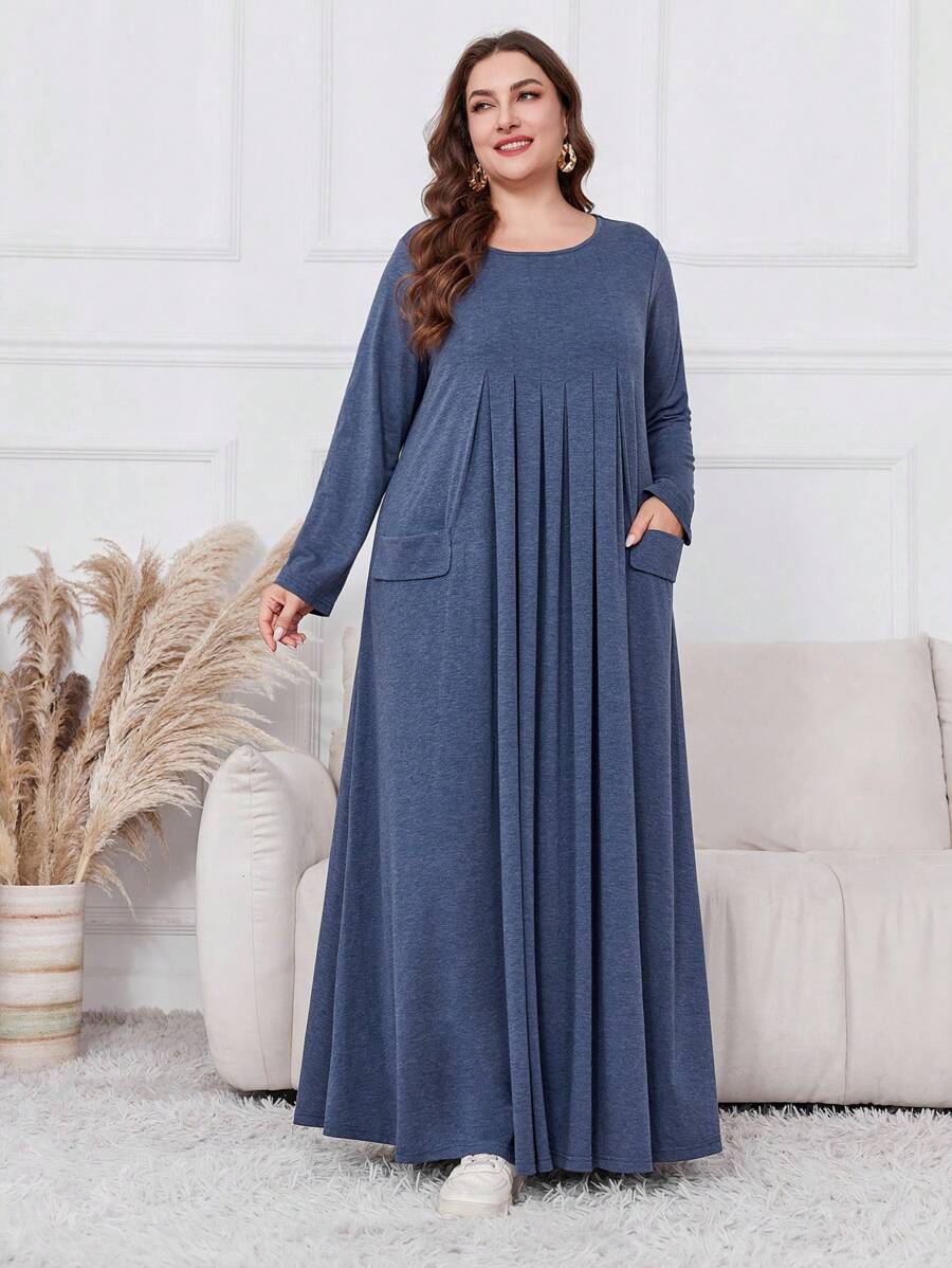 Lacomfia 大码女式休闲超长连衣裙，春秋季长款女装 - 藍色 - 查看 1