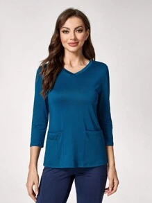 TaskEZ Simple V-Neck Long Sleeve Pocket Scrub Uniform Top