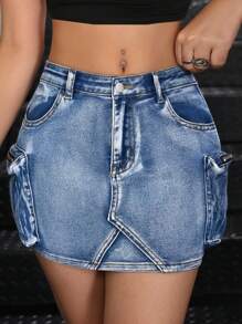 SHEIN Stylish Blue Denim Elastic Mini Skirt For Teen Girls