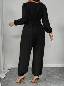 SHEIN Unity Bộ đồ liền thân dài tay cổ chéo thanh lịch cho nữ cỡ lớn, trang phục mùa thu đa năng - màu đen - Xem 2