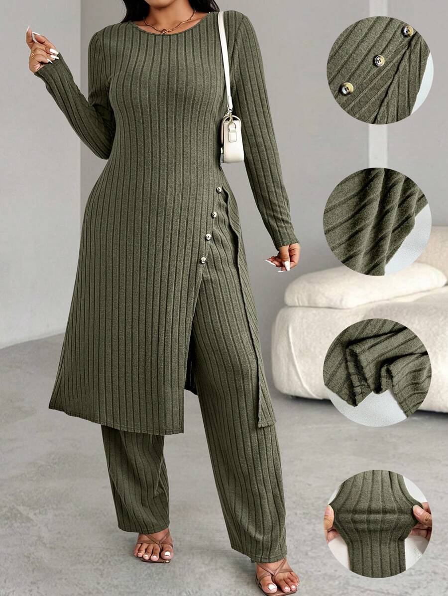 EMERY ROSE 2pcs/Set Plus Size Solid Color Crew Neck Long Sleeve Top And Pants - Army Green - View 1