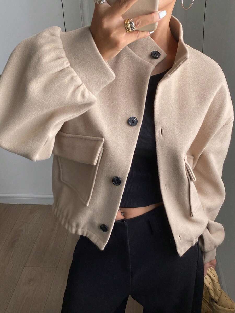 DAZY Solid Color Stand Collar Pocket Short Jacket For Women,Fall Clothes - Apricot - View 1