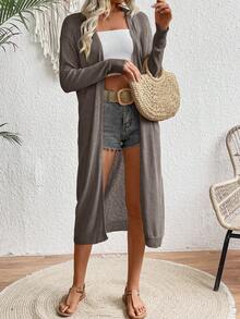 SHEIN LUNE Simple Plain Long Sleeve Long Cardigan, Casual Daily Wear - Mocha Brown - View 5