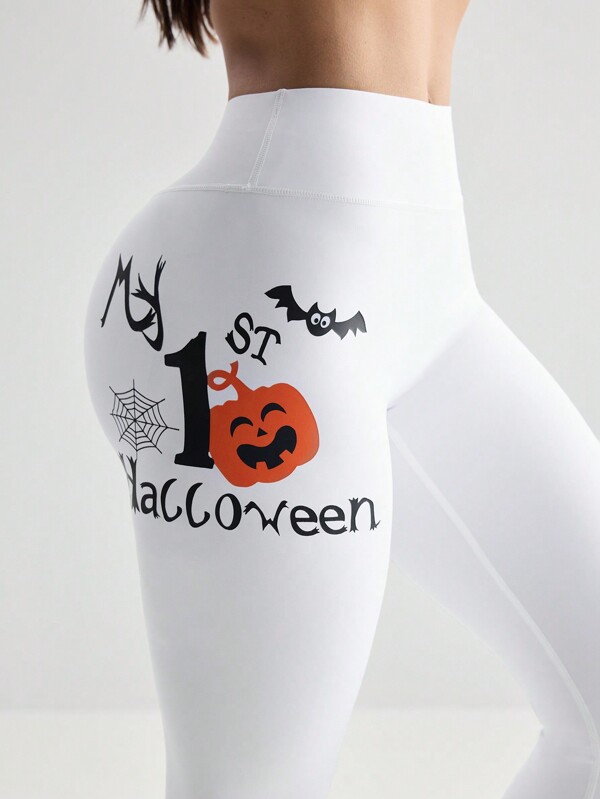 Menodora SHEIN Sport Mallas atléticas informales para mujer con estampado de letras de calabaza de Halloween