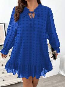 Celure Plus Size Women's Spring Summer Solid Color Tie Collar Long Sleeve Loose Straight Dress - Royal Blue - View 5