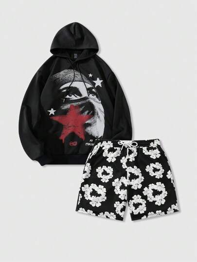 Street Life Conjunto de chándal informal para hombres con sudadera con capucha estampada con letras y estrellas y shorts estampados con flores