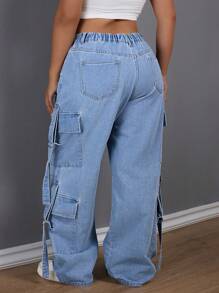 SHEIN SXY Plus Size High Waist No-Stretch Multi-Pocket Decorated Straight Boyfriend Jeans - Light Wash - View 2