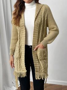 EMERY ROSE Women's Self-Tie Waist Textured Long Sleeve Collared Cardigan - Khaki - View 4