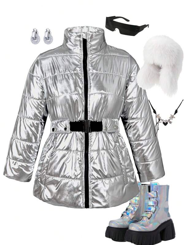 SHEIN Tween Girls Glossy Coated Wind And Water Resistant Zip-Up Padded Coat, Warm For Fall And Winter