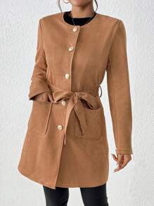 Chiquease Women's Round Neck Long Sleeve Single Breasted Casual Pockets Loose Regular Coat For Fall & Winter - Brown - View 7