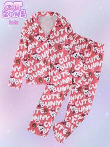 Bộ đồ ngủ in hình thỏ hoạt hình và chữ cho bé gái tuổi teen 2 chiếc áo len cardigan cổ bẻ kèm quần dài thoải mái - Bụi hồng - Xem 4
