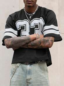 Manfinity Dauomo 男士夏季数字印花圆领短袖休闲 T 恤 - 黑色 - 查看 5