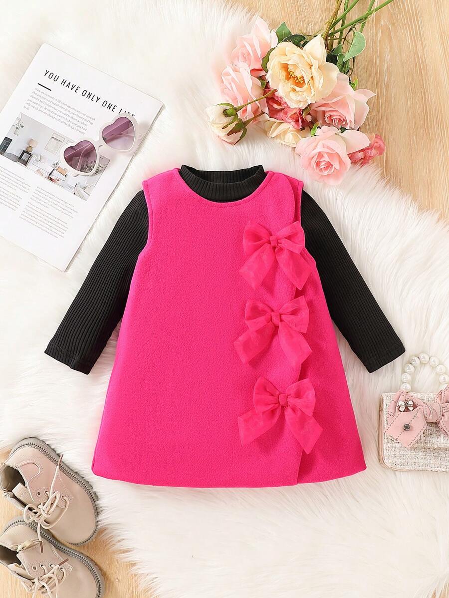 SHEIN 2 件装女婴冬季羊毛蝴蝶结装饰外套和高领上衣套装，优雅而 - 彩色 - 查看 1