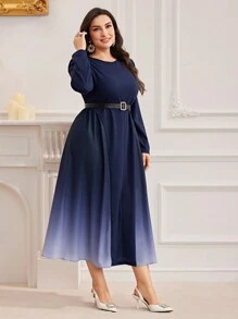 Modelyn 大码女式渐变色下摆圆领长袖优雅连衣裙，适合春秋季节 - 彩色 - 查看 2