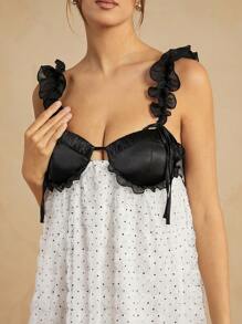 L'Amorae Satin Dotted Floral Mesh Babydoll Cami Dress