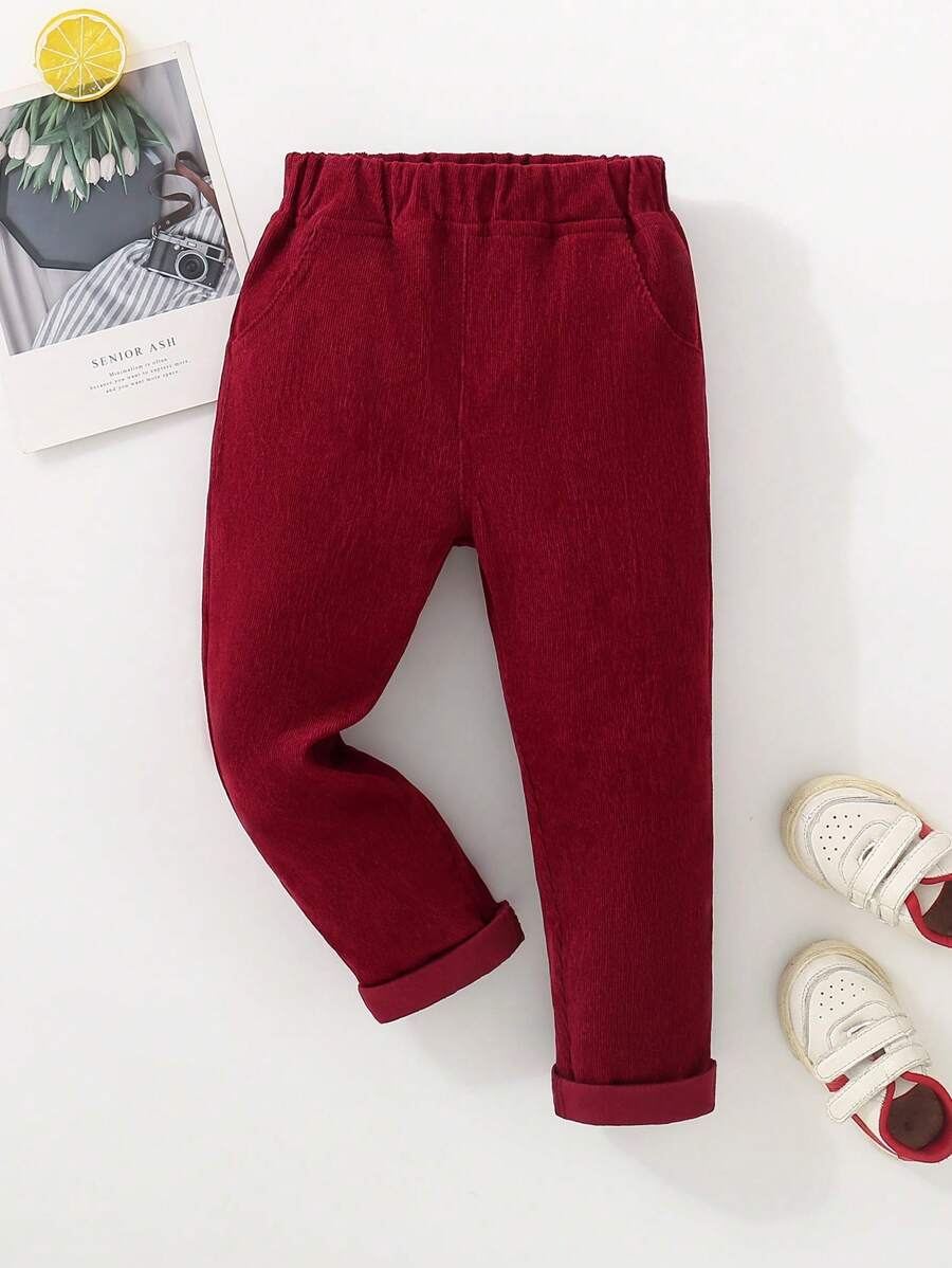 SHEIN Young Boy Solid Pocket Simple Casual Pants - Burgundy - View 1