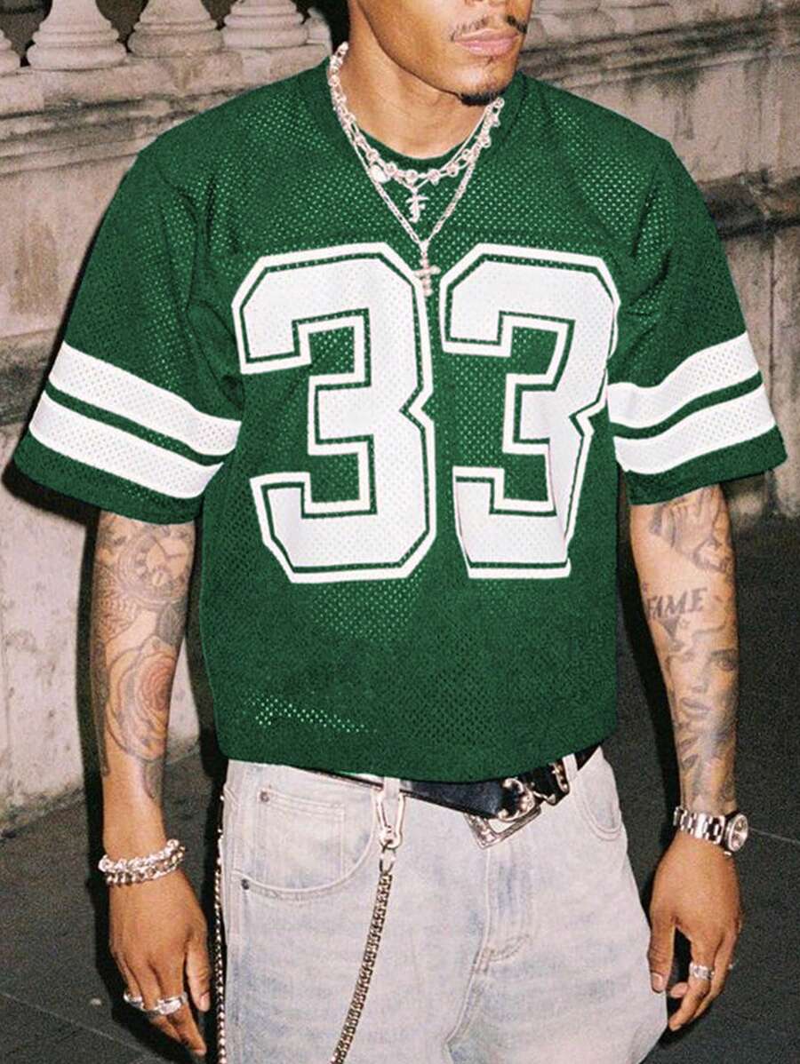 Áo thun nam cổ tròn tay ngắn in số tối giản màu trơn họa tiết chắp vá thường ngày - Màu xanh lá cây đậm - Xem 1