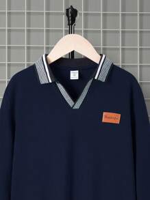 SHEIN Tween Boy 休闲舒适皮革贴片翻领小 V 领针织 Polo 衫，秋季 (9)，冬季 (2) - 藏蓝色 - 查看 4