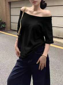 INAWLY Women's Solid Color Off-Shoulder Short Sleeve Casual T-Shirt For Summer