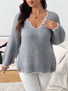 SHEIN Frenchy 大码 V 领波浪边不对称下摆套头衫 - 灰色 - 查看 6