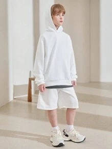 SHEIN Tween Boy Letter Patched Detail Hoodie & Shorts - White - View 3