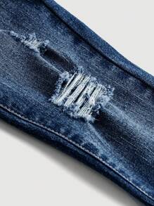 SHEIN 年轻女孩口袋破洞弹力休闲牛仔裤 - 深色水洗藍 - 查看 4